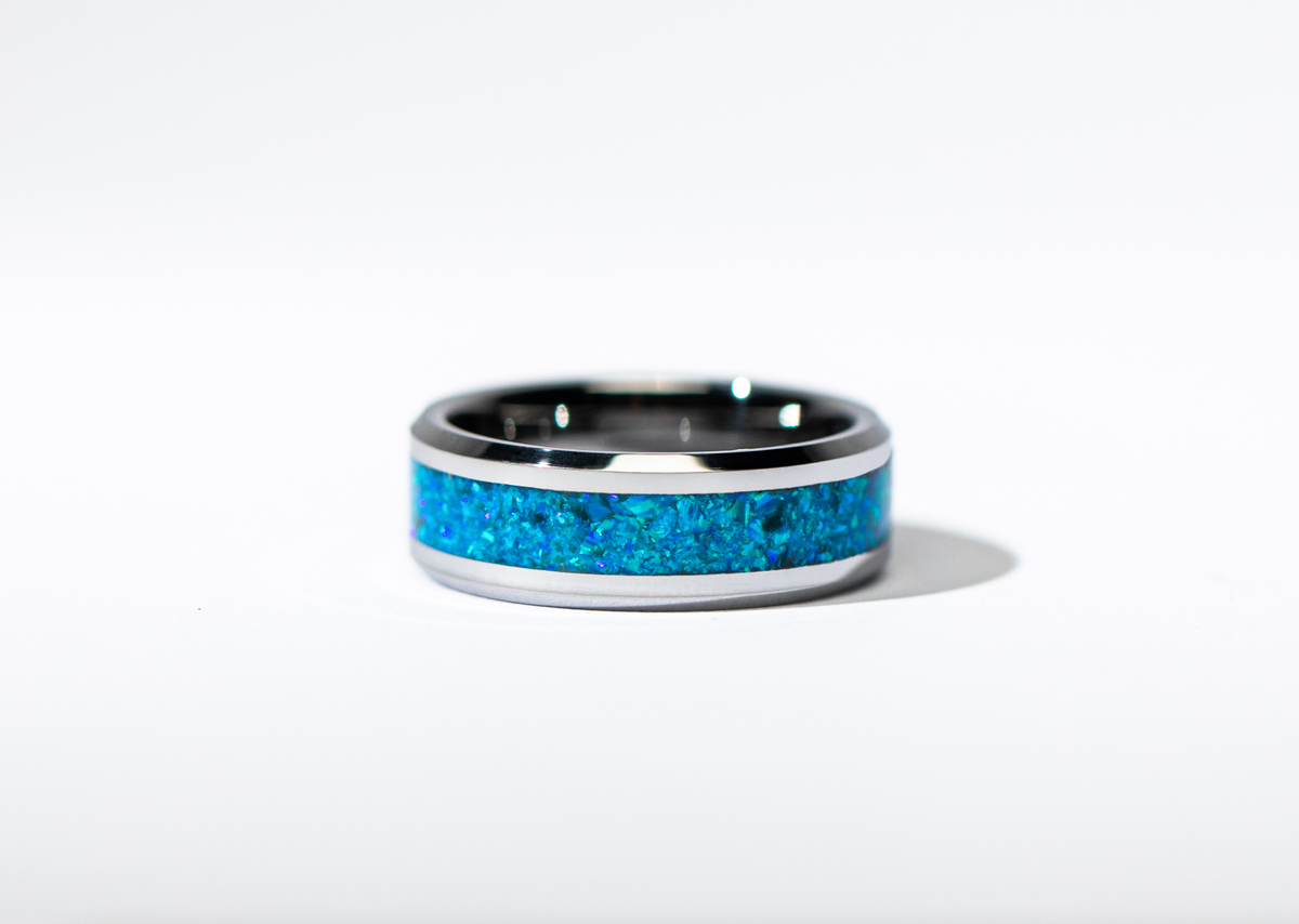 Ocean Blue Opal on Tungsten Keepsake Ring