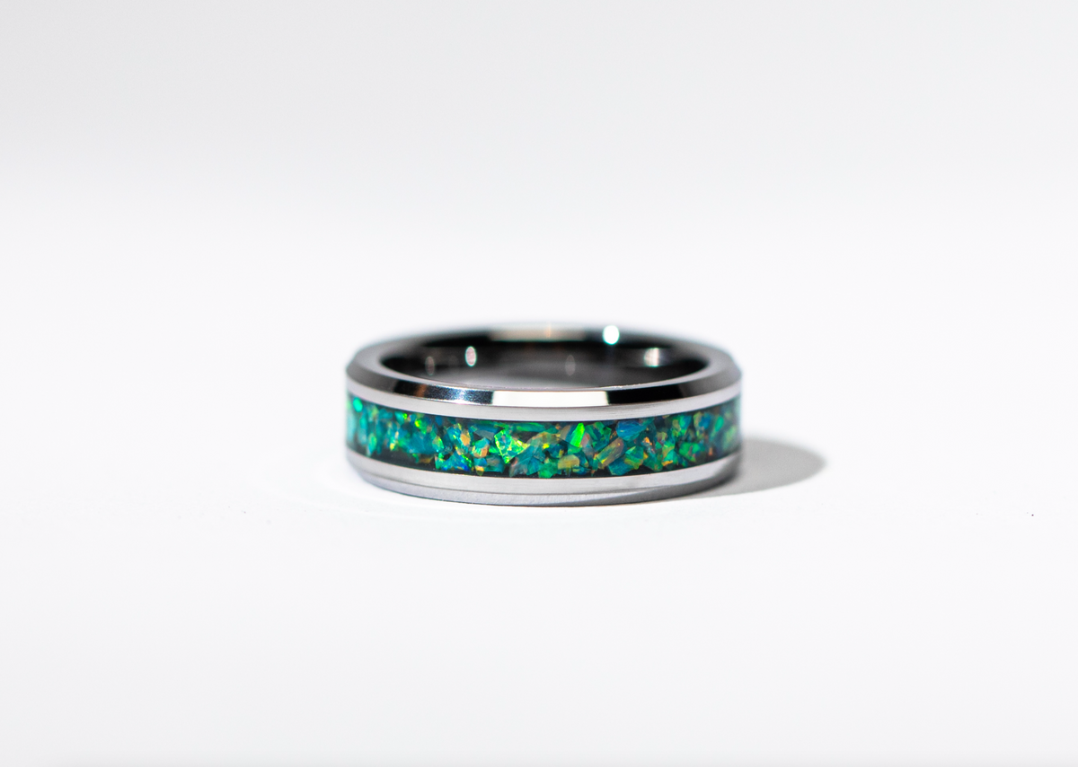 Forest Green Opal on Tungsten Keepsake Ring