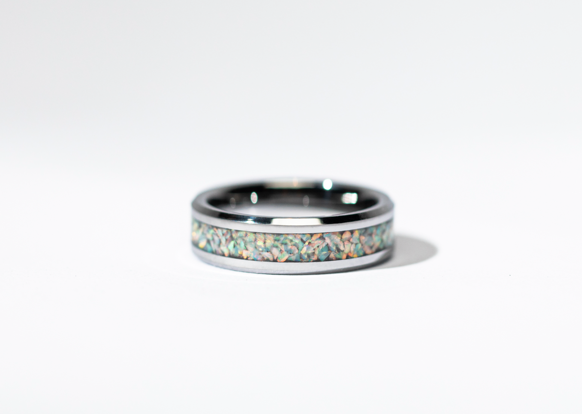 Pearl White Opal on Tungsten Keepsake Ring