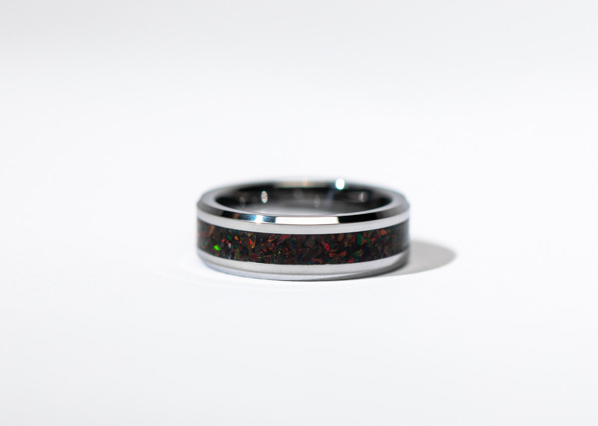Black Ember Opal on Tungsten Keepsake Ring