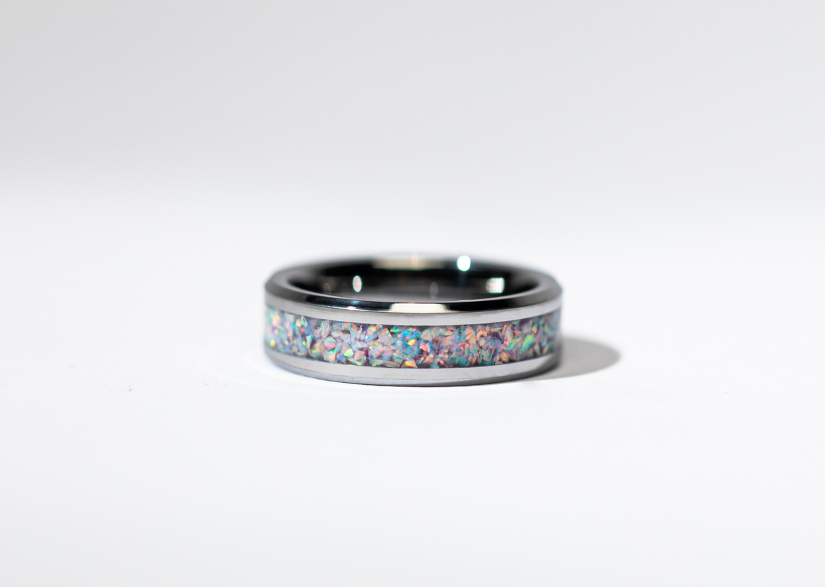 Orchid Purple Opal on Tungsten Keepsake Ring