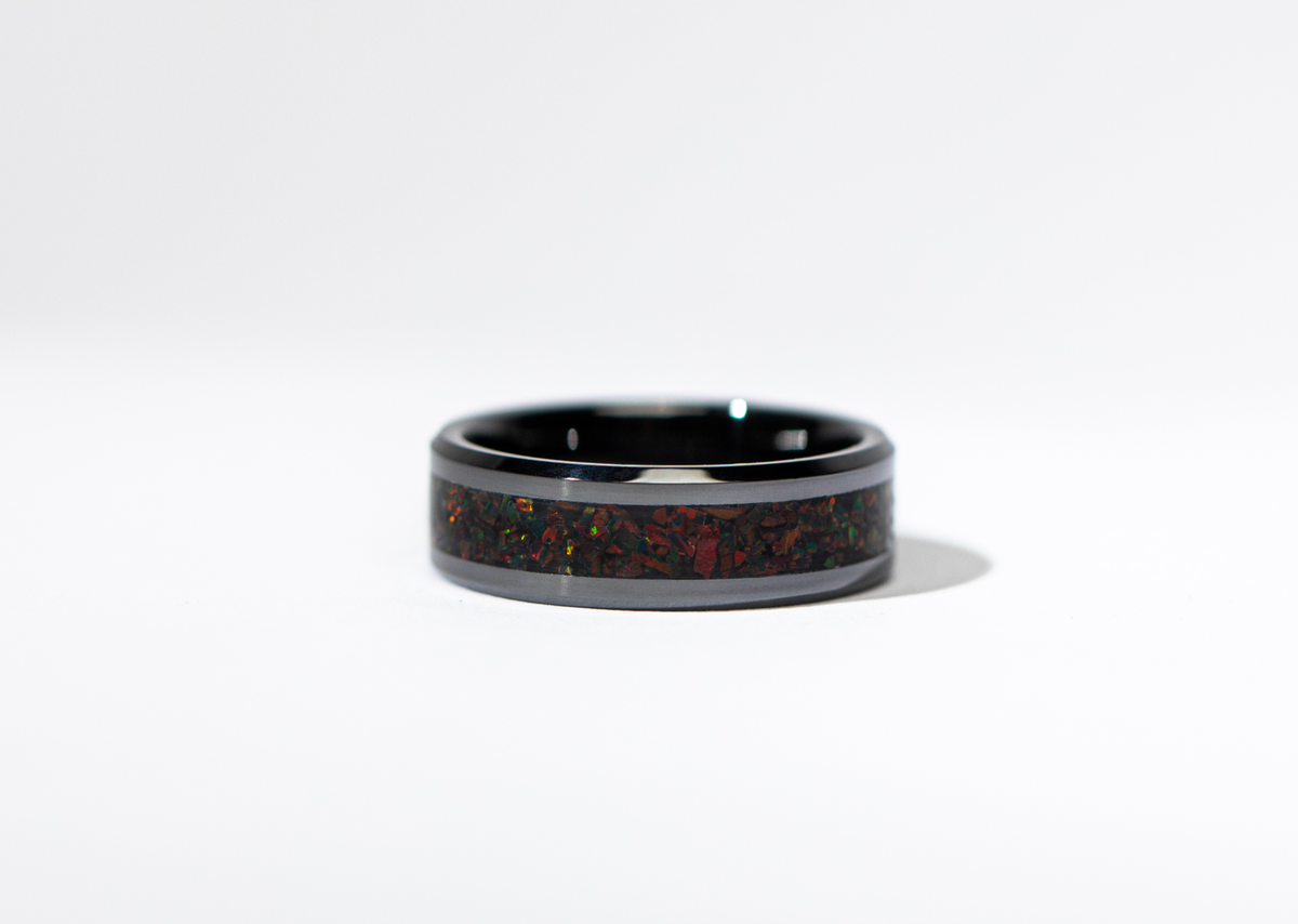 Black Ember Opal on Black Ceramic Keepsake Ring