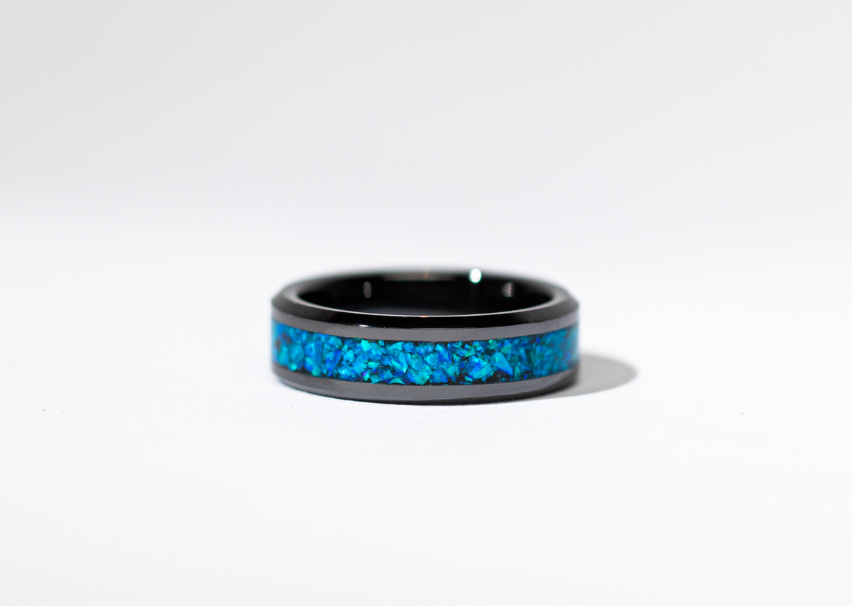Ocean Blue Opal on Black Ceramic Keepsake Ring