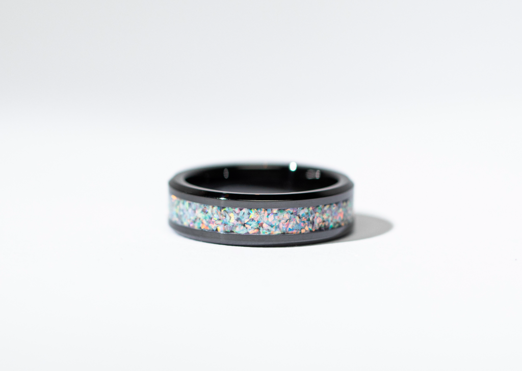 Orchid Purple Opal on Black Ceramic Keepsake Ring