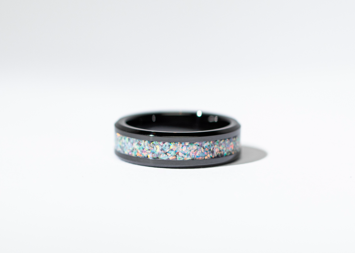 Orchid Purple Opal on Black Ceramic Keepsake Ring