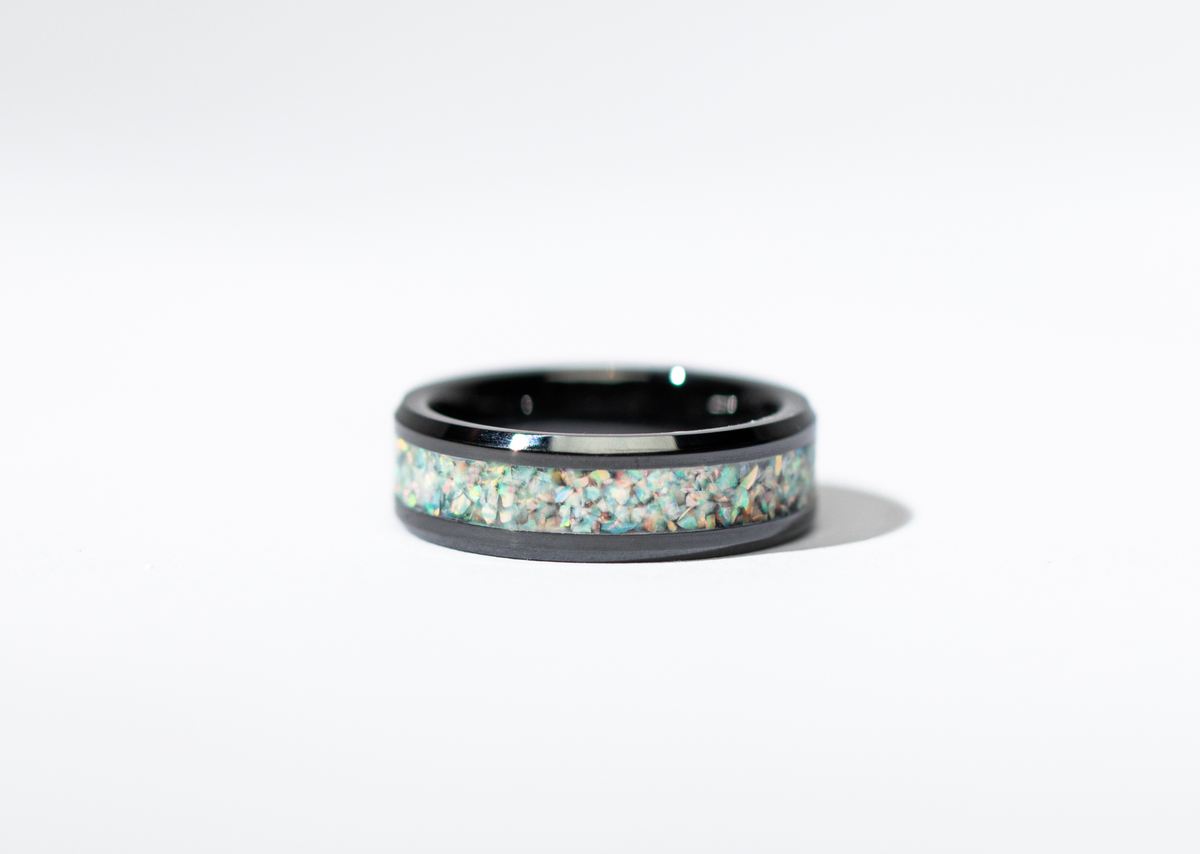 Pearl White Opal on Black Ceramic Keepsake Ring