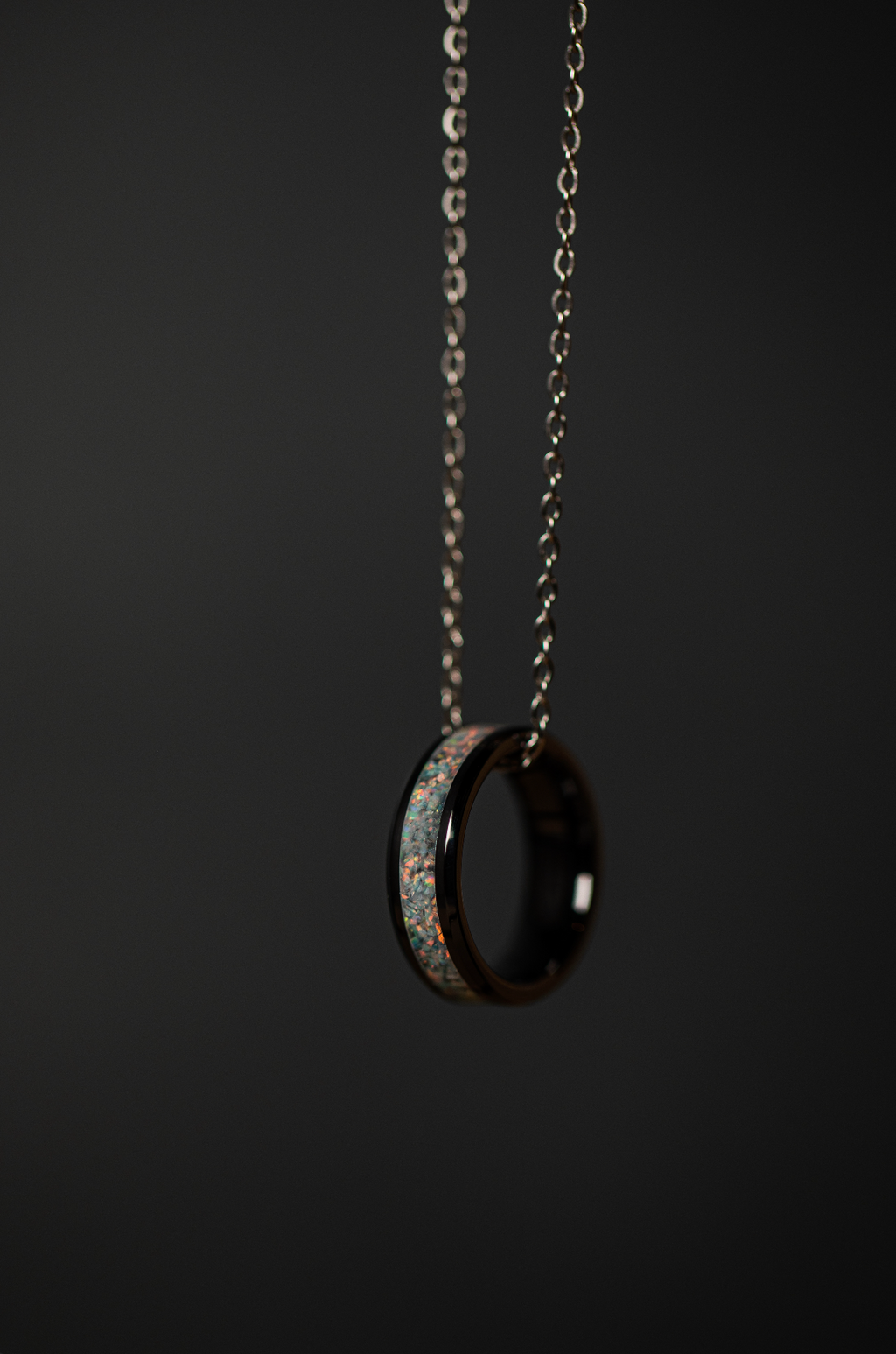 Pearl White Opal on Black Ceramic Keepsake Ring