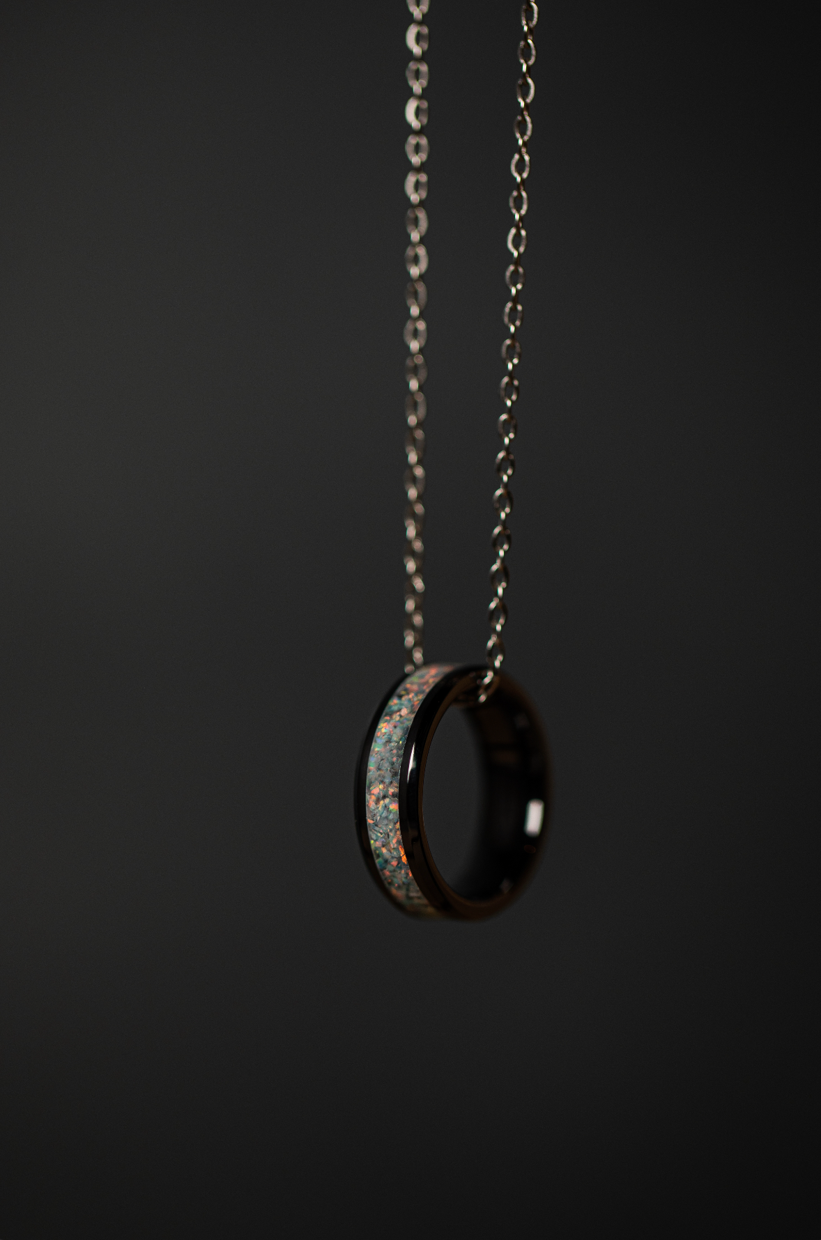 Pearl White Opal on Black Ceramic Keepsake Ring
